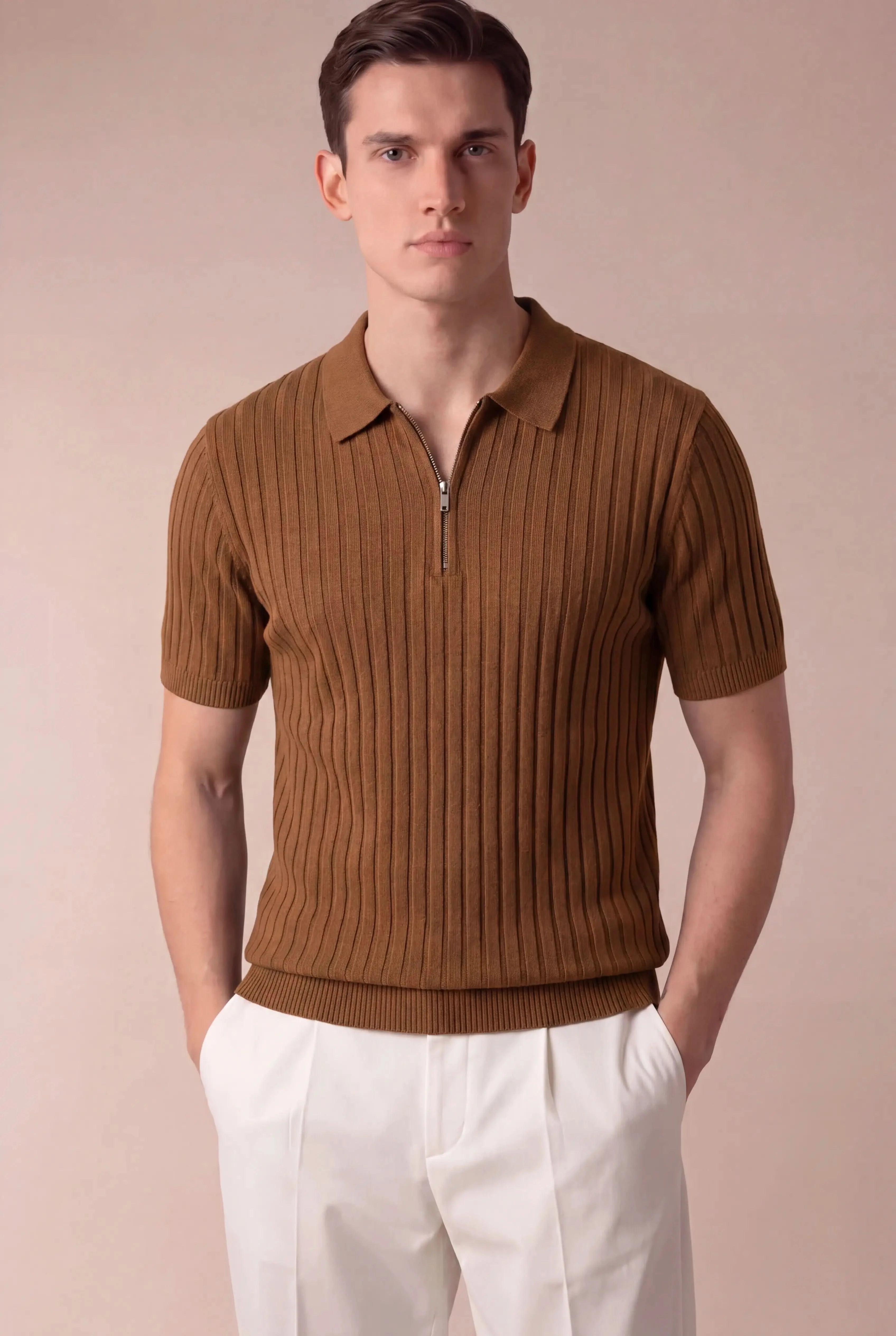 Torrino Ribbed Zip Polo Caramel