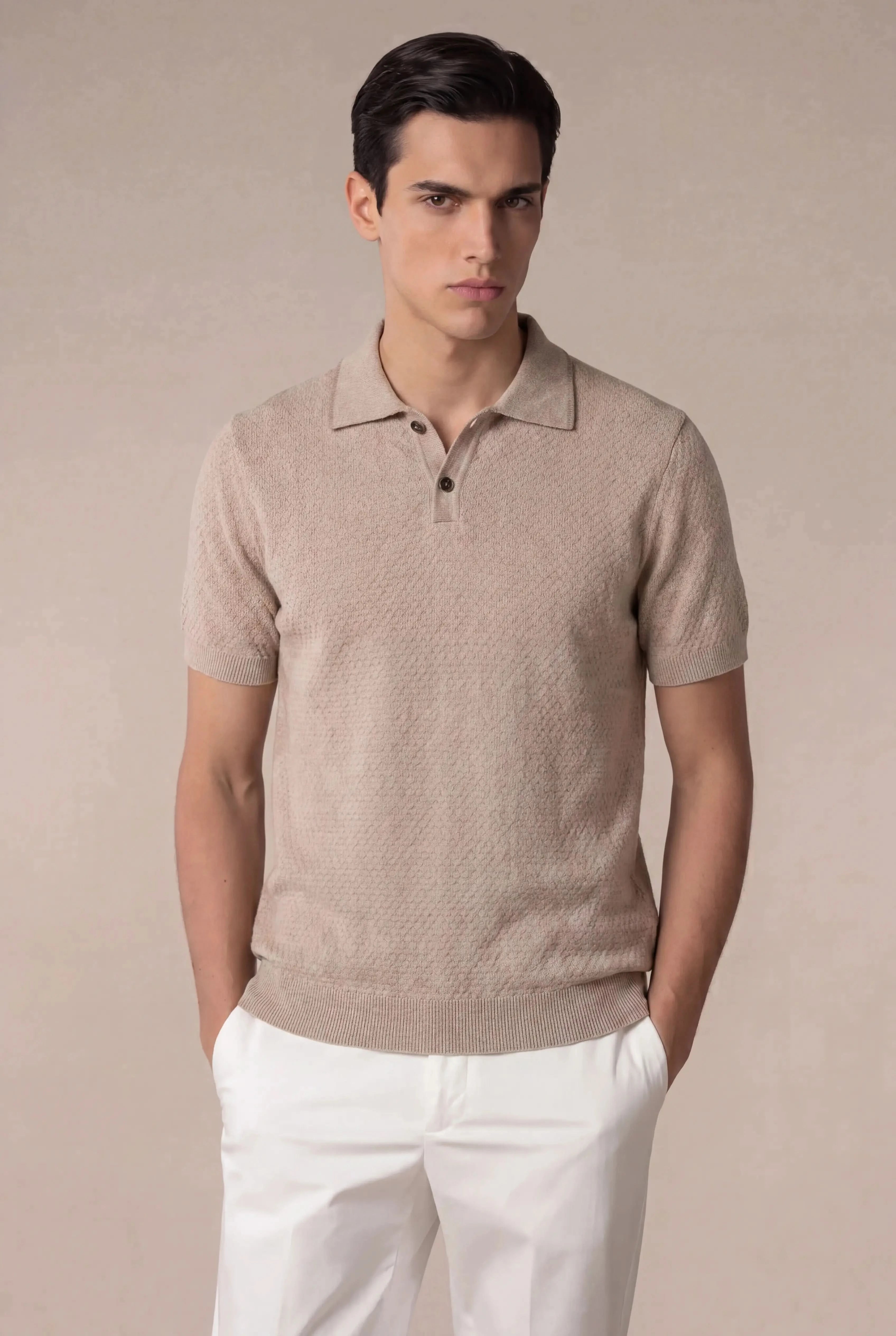 Valdino Textured Knit Polo Camel