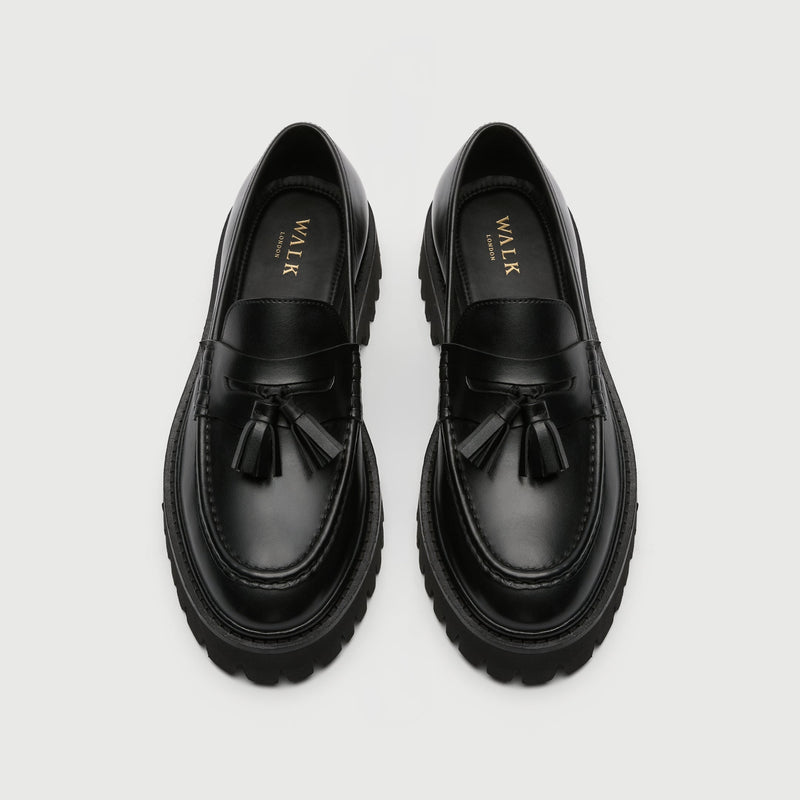 Black Leather Tassel Cleated Loafer