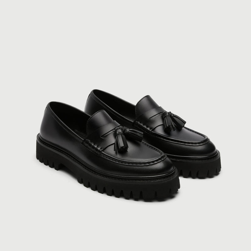 Black Leather Tassel Cleated Loafer