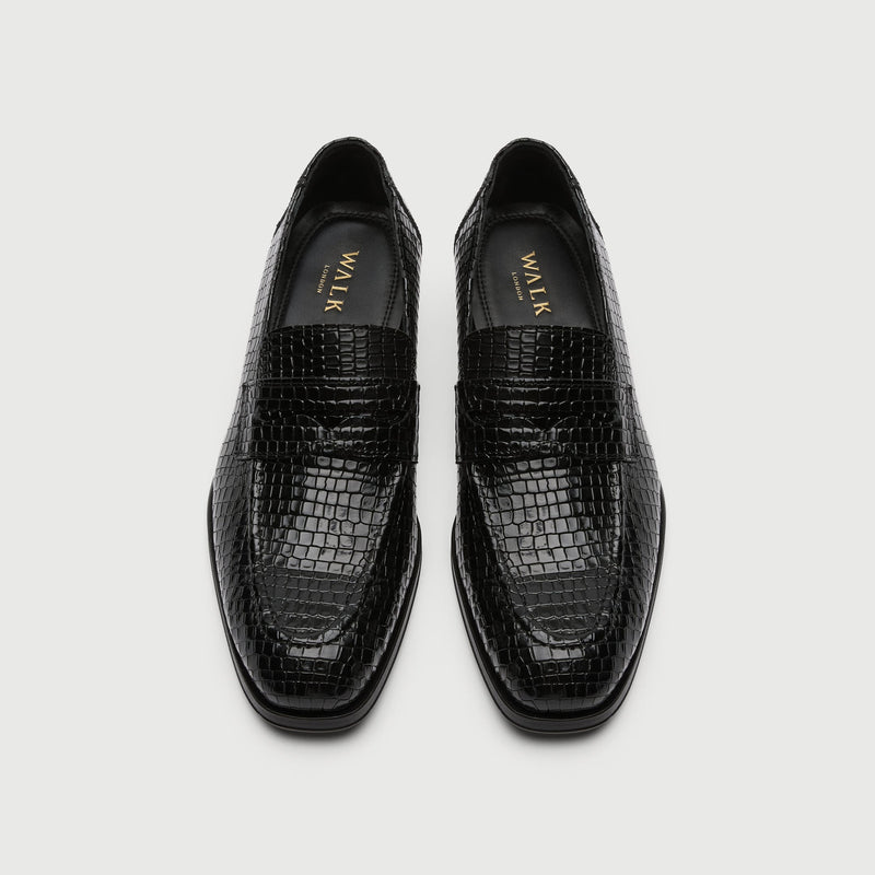 Black Croc Embossed Leather Cuban Heel Loafer