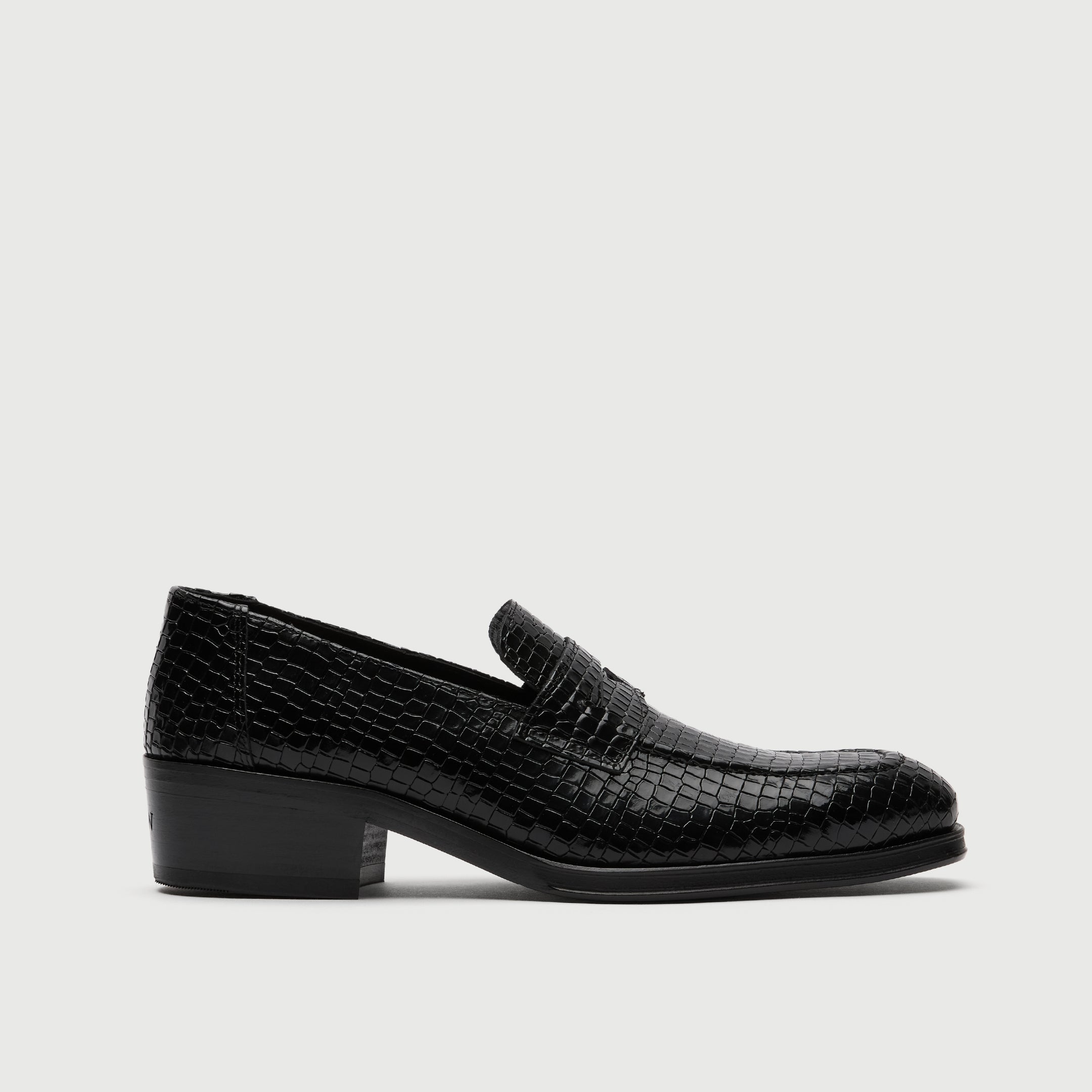 Black Croc Embossed Leather Cuban Heel Loafer