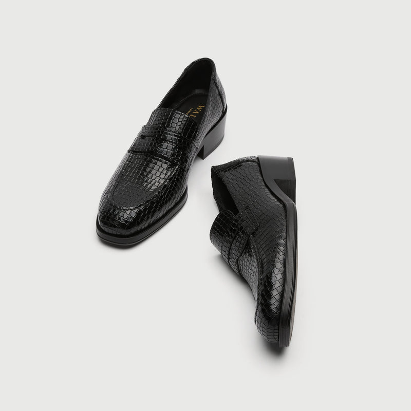 Black Croc Embossed Leather Cuban Heel Loafer