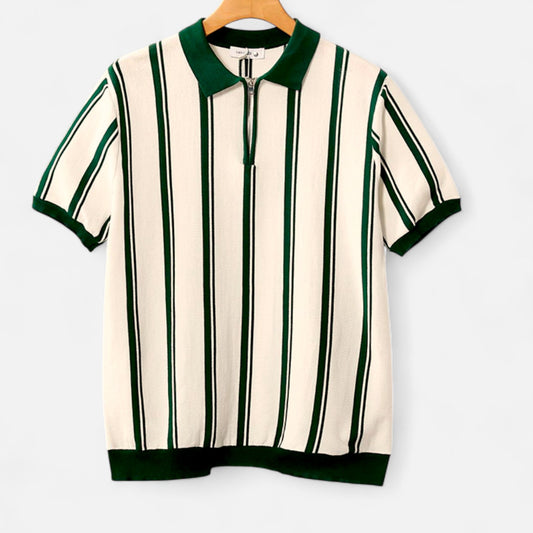 The Gentleman’s Brand | Men’s Striped Knit Zip-Up Polo Shirt – Modern Lines, Retro Elegance