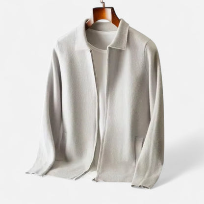 The Gentleman’s Brand Zip Collar Knit Jacket – men’s wool blend cardigan, minimalist knit jacket, smart casual layering piece