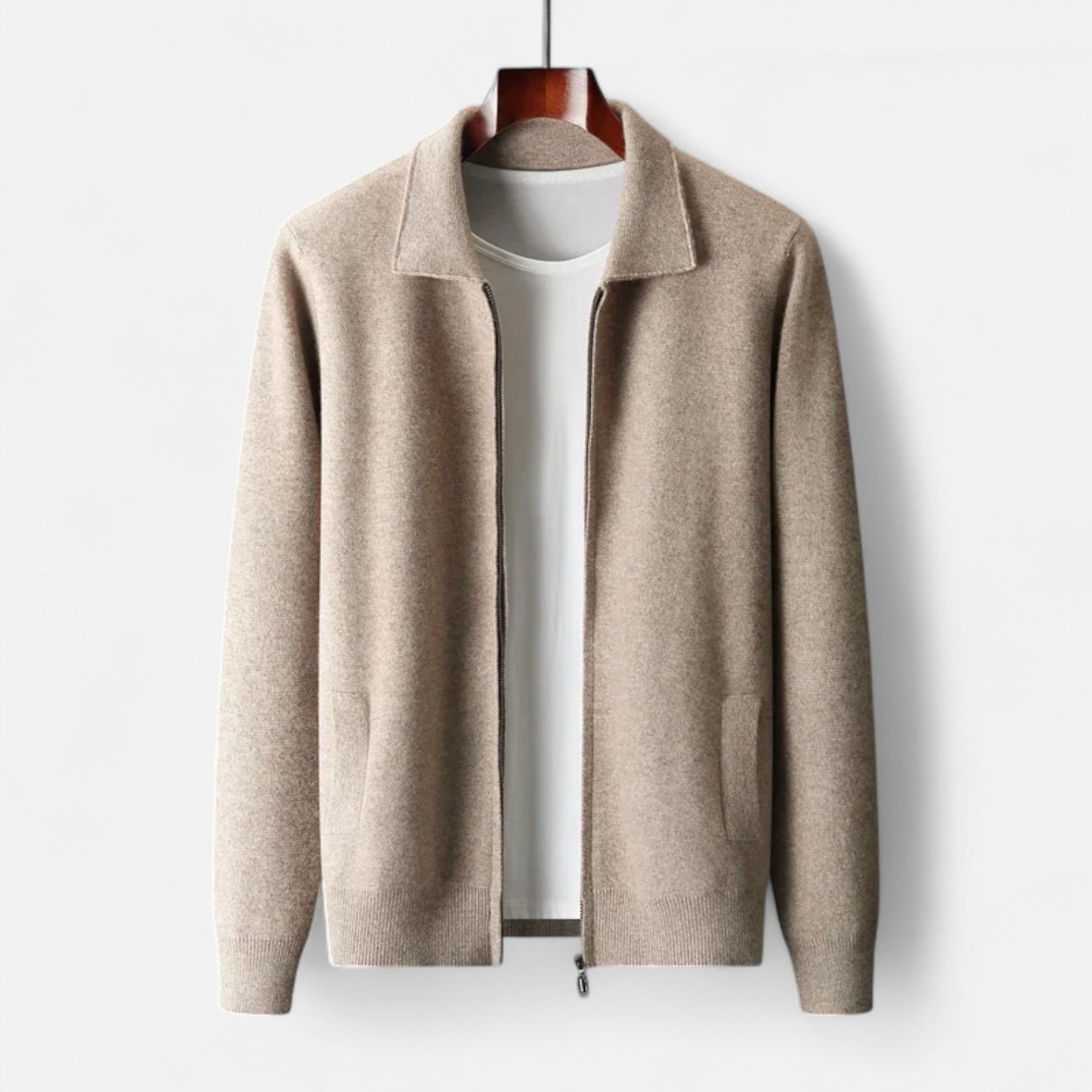 The Gentleman’s Brand Zip Collar Knit Jacket – men’s wool blend cardigan, minimalist knit jacket, smart casual layering piece