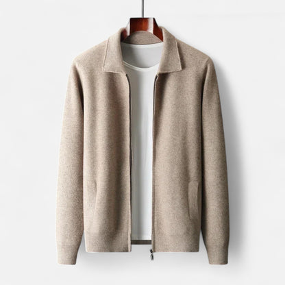 The Gentleman’s Brand Zip Collar Knit Jacket – men’s wool blend cardigan, minimalist knit jacket, smart casual layering piece