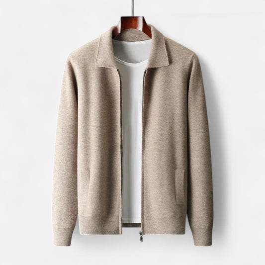 The Gentleman’s Brand Zip Collar Knit Jacket – men’s wool blend cardigan, minimalist knit jacket, smart casual layering piece