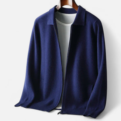 The Gentleman’s Brand Zip Collar Knit Jacket – men’s wool blend cardigan, minimalist knit jacket, smart casual layering piece