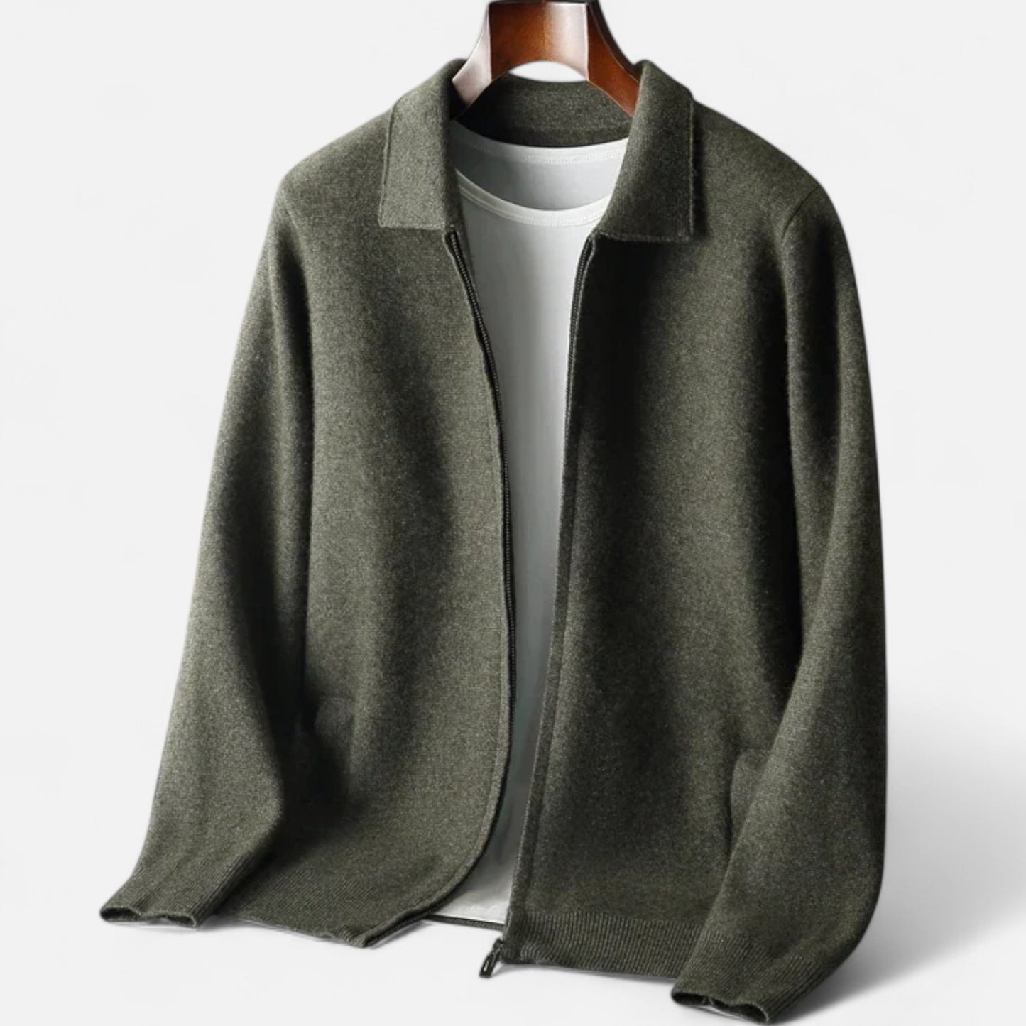 The Gentleman’s Brand Zip Collar Knit Jacket – men’s wool blend cardigan, minimalist knit jacket, smart casual layering piece
