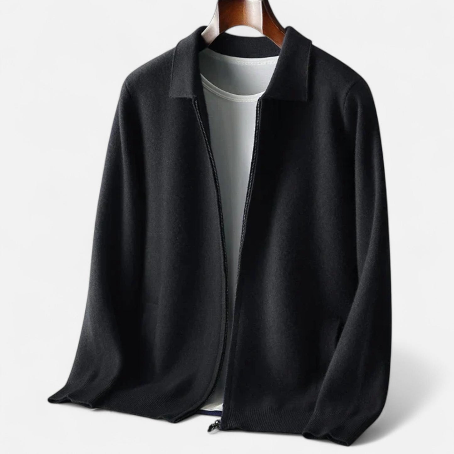 The Gentleman’s Brand Zip Collar Knit Jacket – men’s wool blend cardigan, minimalist knit jacket, smart casual layering piece