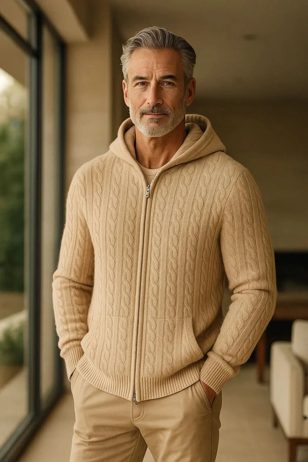 Georgio Hooded Cable Knit Beige