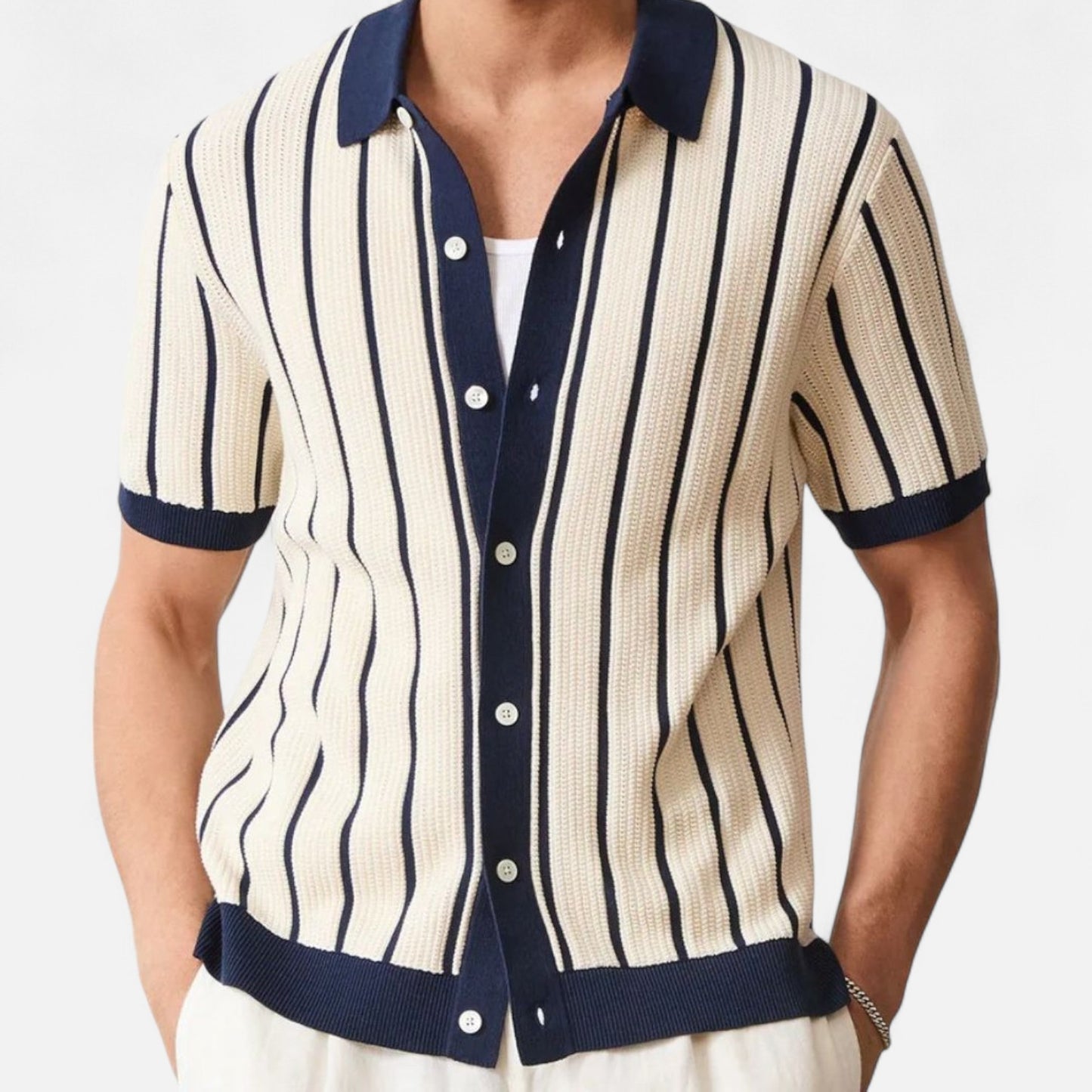 The Gentleman’s Brand | Men’s White Striped Knit Polo Shirt – Crisp Lines, Relaxed Sophistication