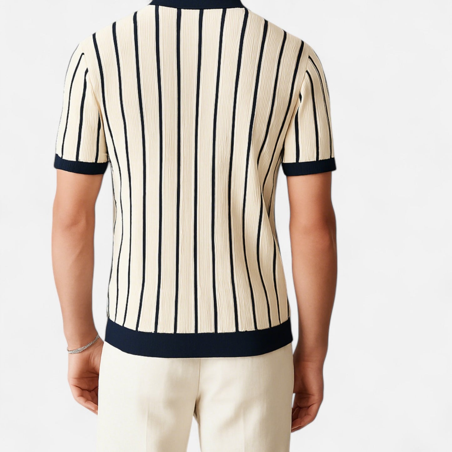 The Gentleman’s Brand | Men’s White Striped Knit Polo Shirt – Crisp Lines, Relaxed Sophistication