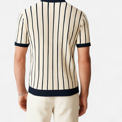 The Gentleman’s Brand | Men’s White Striped Knit Polo Shirt – Crisp Lines, Relaxed Sophistication